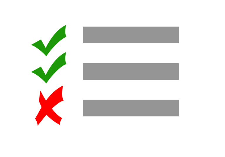 A list of three items. The first two have a green check mark. The last item has a red "X".