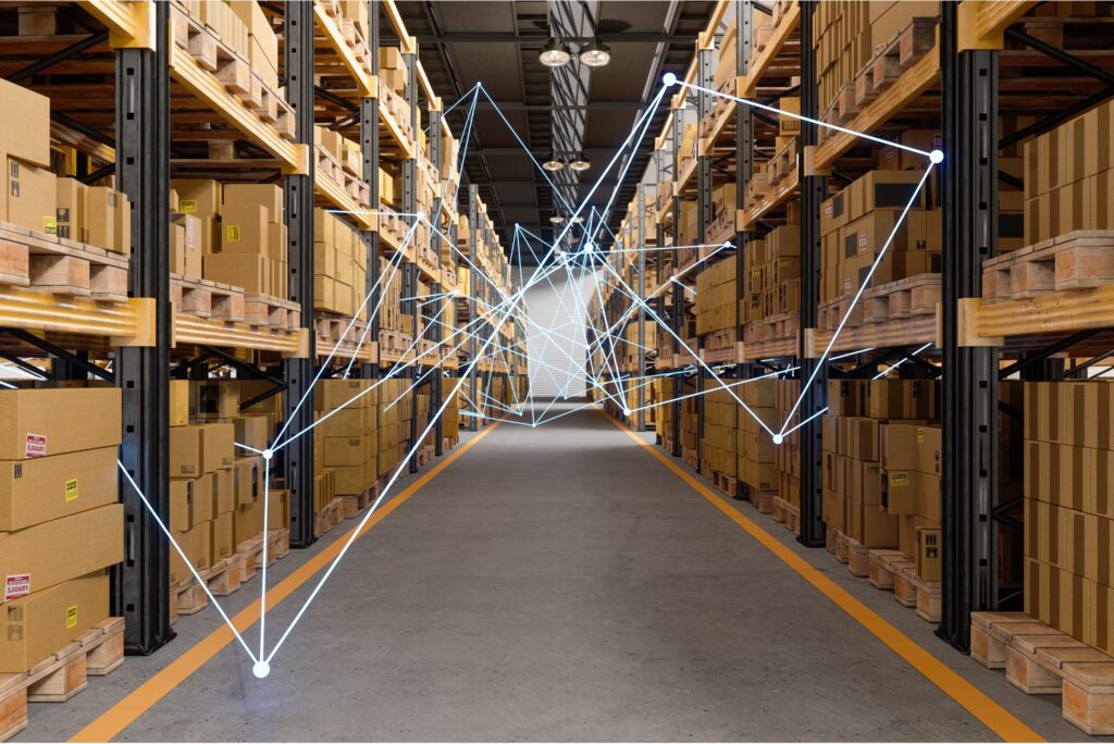 Warehouse aisle depicting how smart labels are communicating.